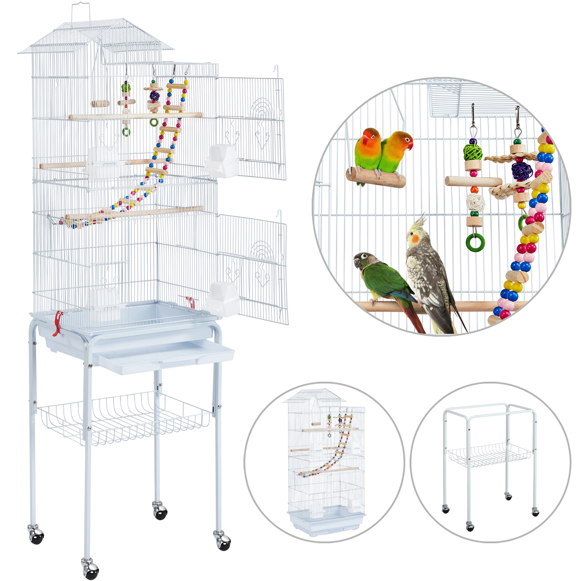 Topeakmart White Metal Bird Cage with Ladder Toy and Rolling Detachable Stand, 62.4" H