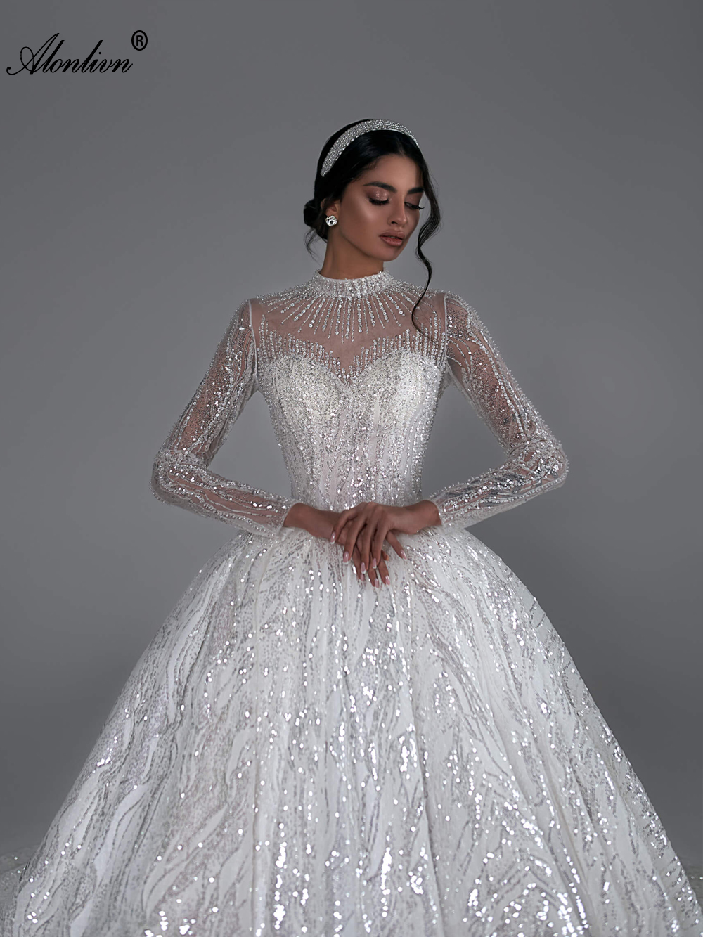Luxury Sparkly Lace High Collar Full Sleeves Ball Gown Wedding Dress Beading Embroidery patterns princess Bridal Gowns embroidered With Multi-layered 