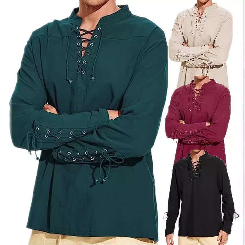 Men's New Cotton And En Henry Shirt Long Sleeved Hippie Casual Beach Stand Up Collar Ing European Size B3