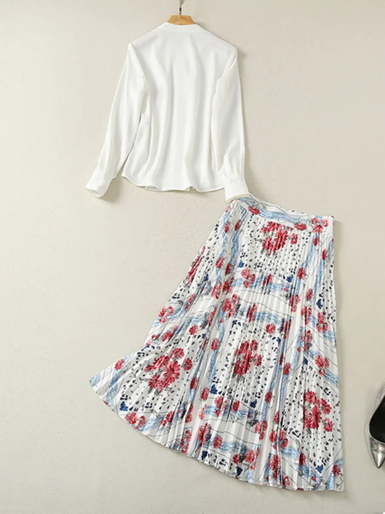 ZJYT 2 Piece Dress Sets Women Long Sleeve White Shirt Pleated Skirt Suit Spring Outfit Runway Floral Print Conjuntos De Vestidos 240423