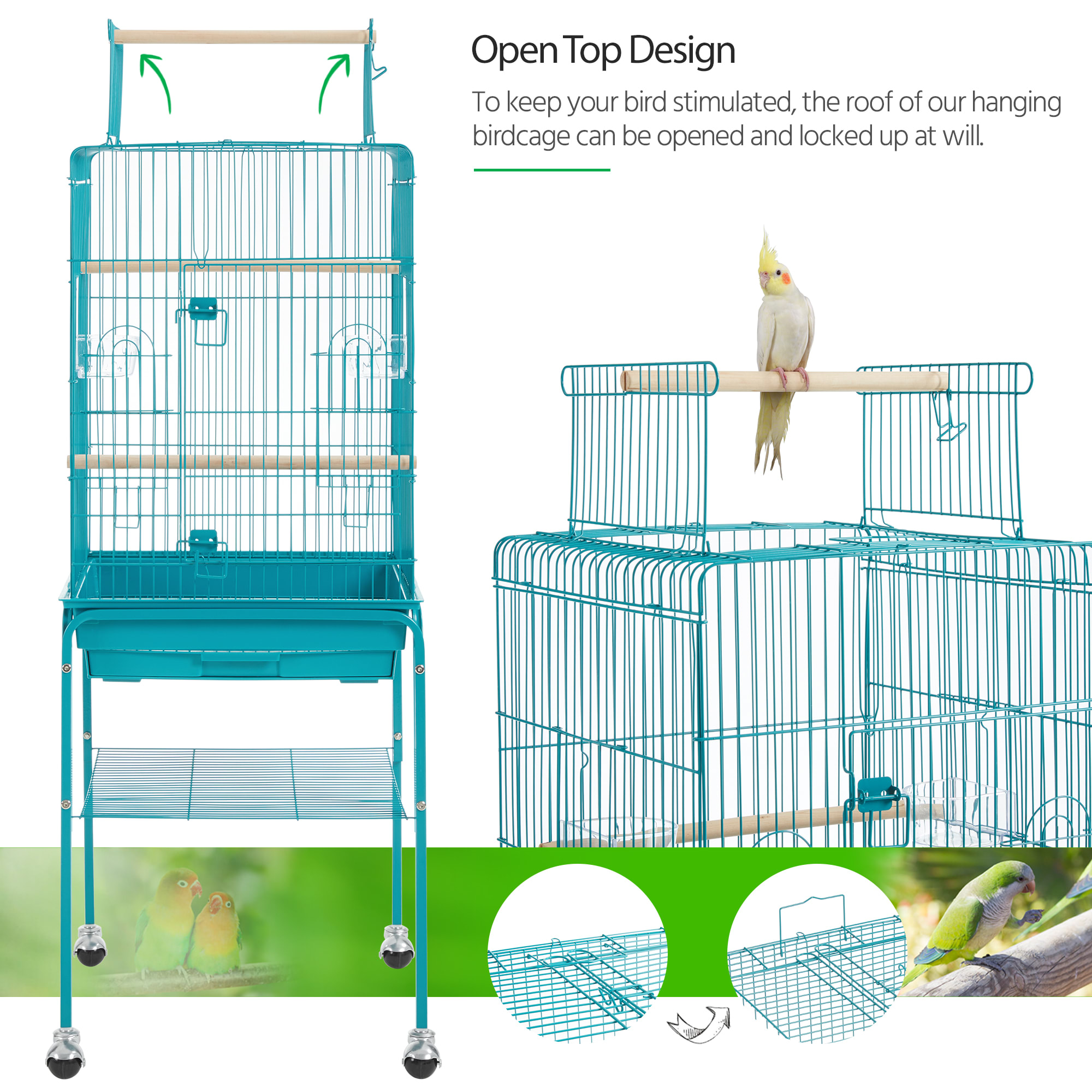 Topeakmart Teal Blue Metal Bird Cage with Detachable Rolling Stand for Small Birds, 47" H