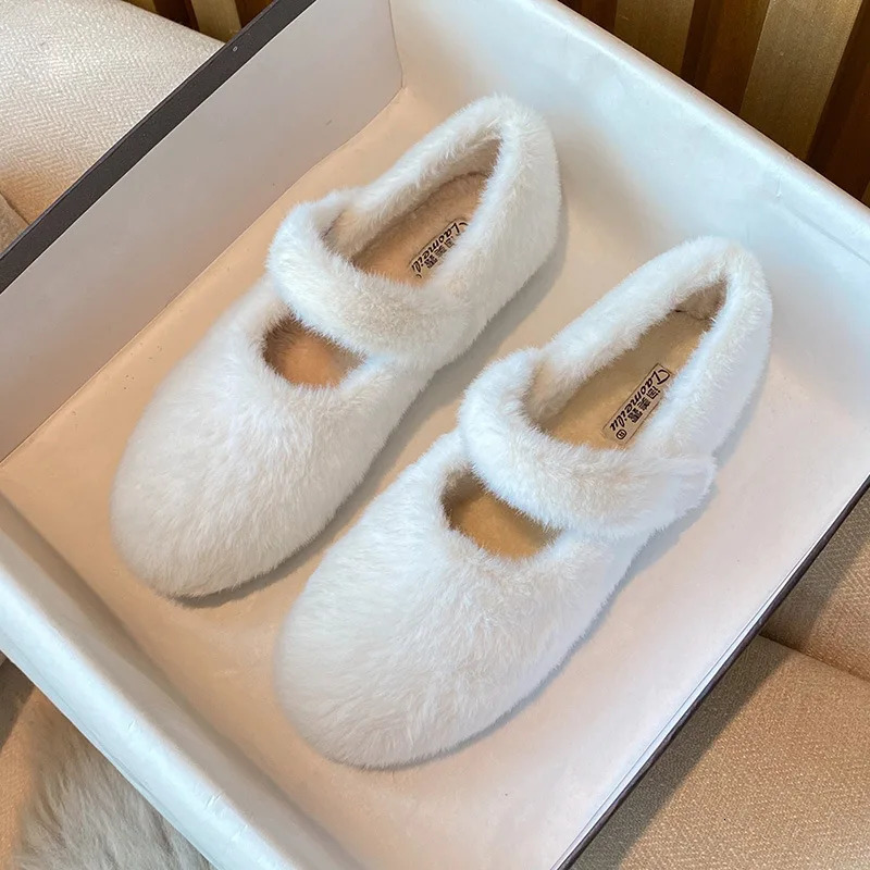 Rabbit Fur Mary janes shoes woman round toe ankle strap furry loafers 34-43 big size warm plush winter shoes female cotton flats 241125