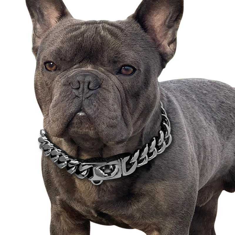 Durable gold dog collar stainless steel Cuban chain 14mm wide metal pet necklace suitable for small medium and large dog collar products X250129