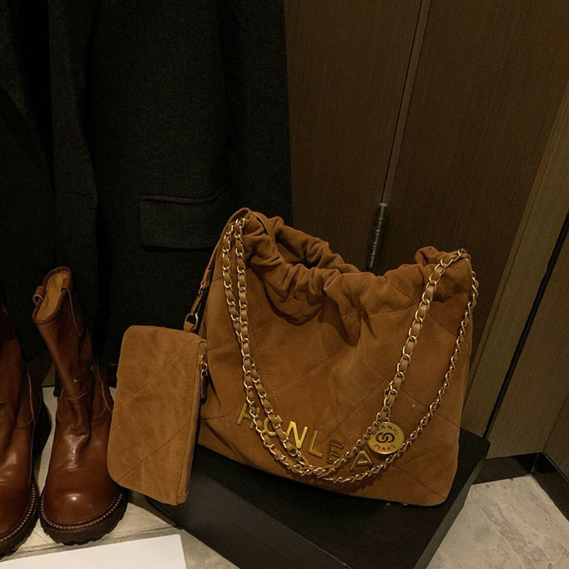Women Genuine Leather Large Capacity Chain Ed Plaid Tote Suede Armpit Bucket Bag String