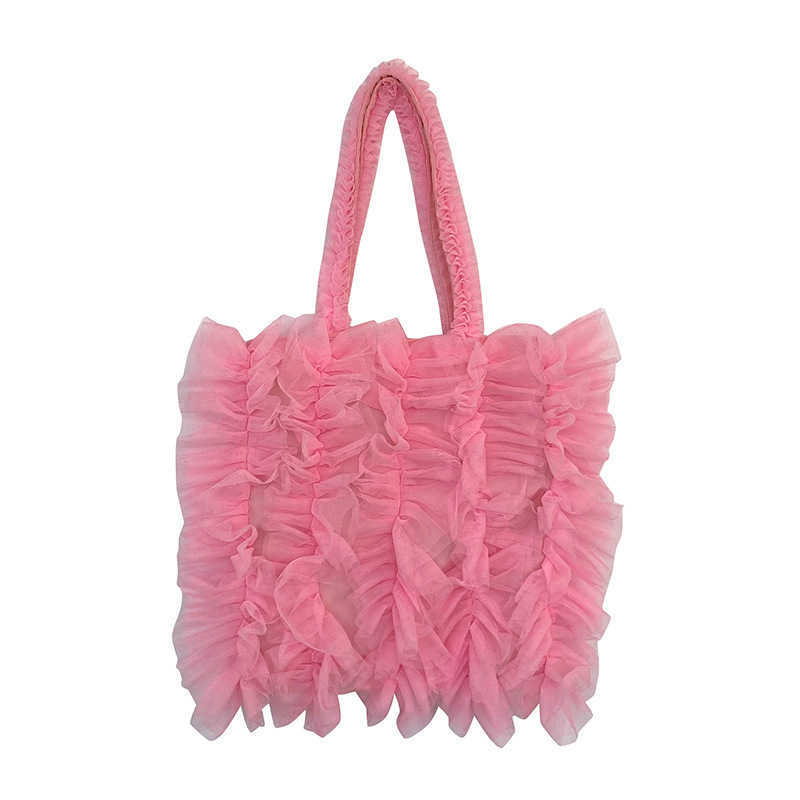 Womens Handbag Lace Soft Yarn Skirt Edge Pleated Shoulder Bag Korean Version Sweet Style Fringe Tote Bags 241125