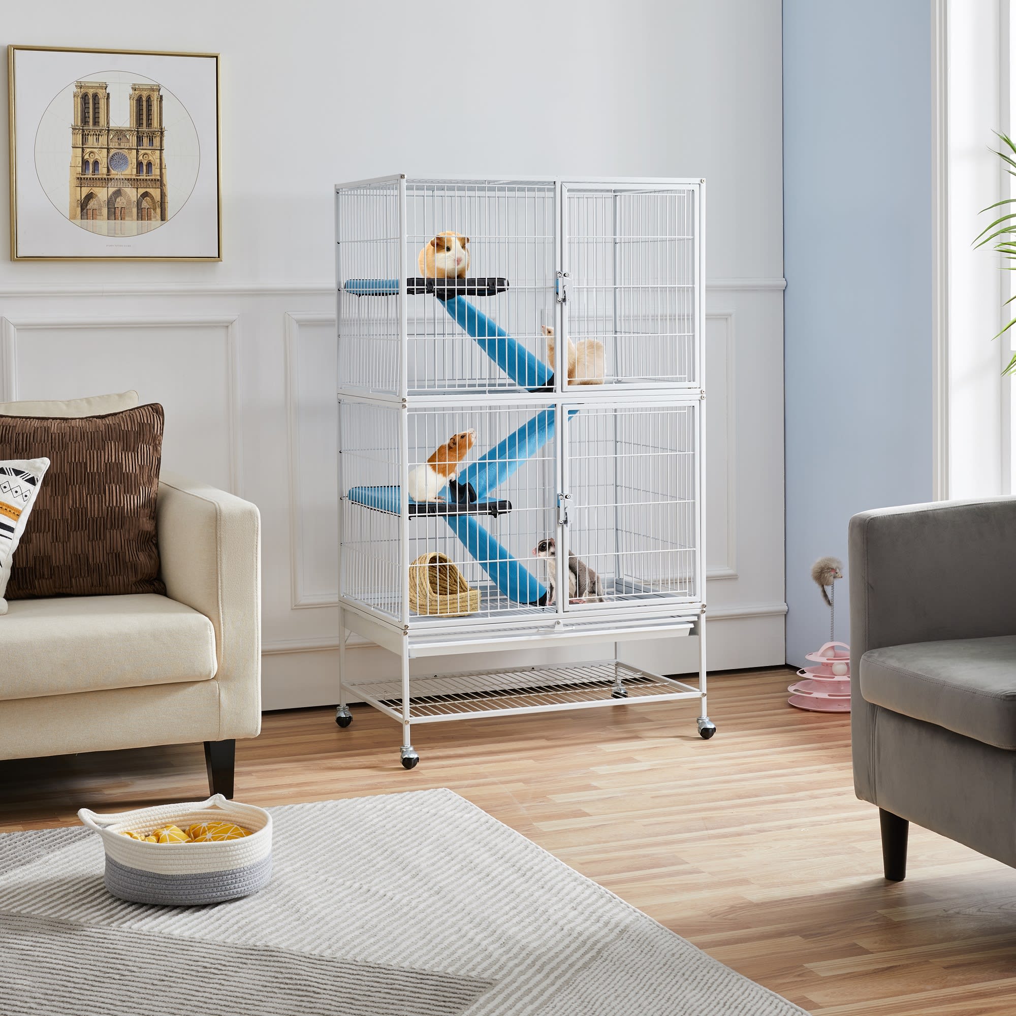 Topeakmart Hammered White Rolling Metal Small Animal Cage with Removable Ramp, 31" L X 20" W X 54" H