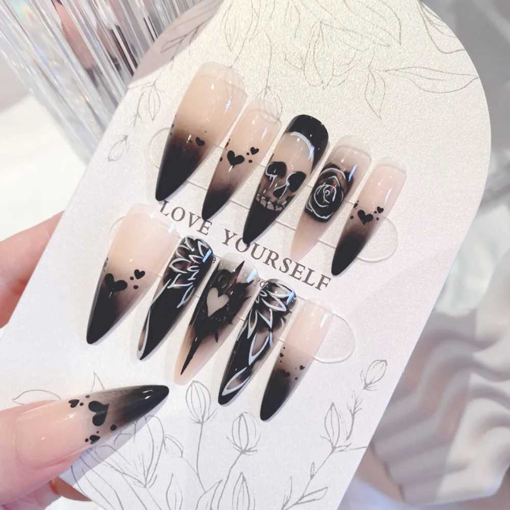 24 pieces of rose rhinestone Halloween skull fake nails fully covered detachable press fit wearable long-lasting fake nailsW241125