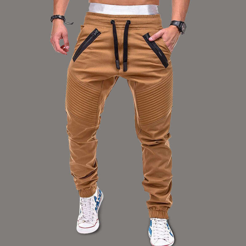 New Men's Casual Fashionable Drawstring Elastic Sports Pants With Double Zippers And Striped Ankle Binding Workwear B1