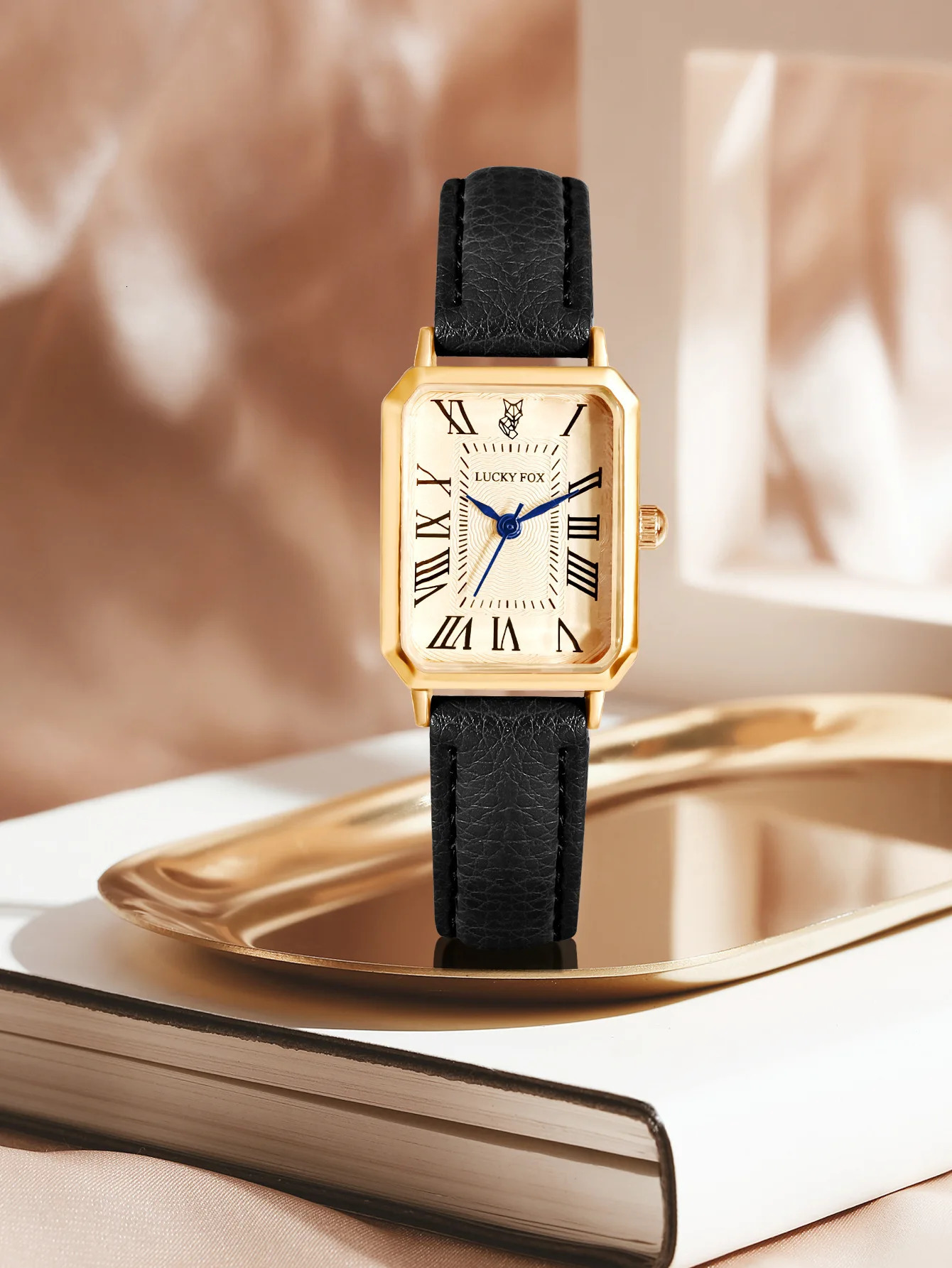 Womens Watch Rectangular Case Quartz Watch Simple Roman numerals dial Womens Watch Black Strap Watch Retro Fashion Reloj 241125