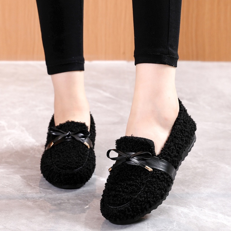 curly sweet bowtie fur 3e367 flat shoes woman warm plush moccasins brand designer New lamb wool flats women cotton loafers big size 43 s