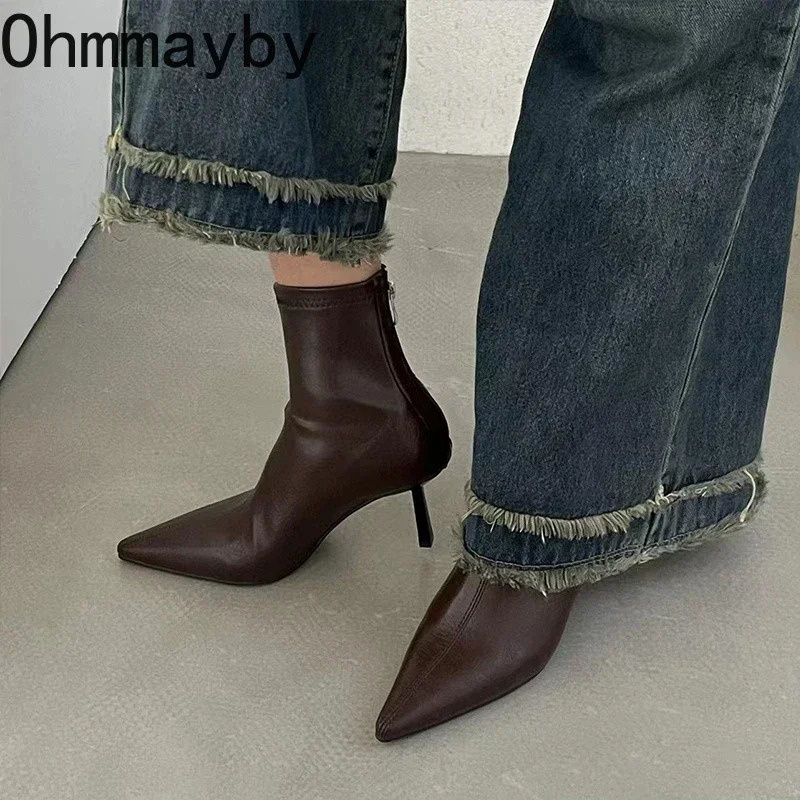 Pointed Toe Women Slim Ankle Boots Fashion Back Zippers Shoes Autumn Winter Thin High Heel Womens Morder Short Booties 241125