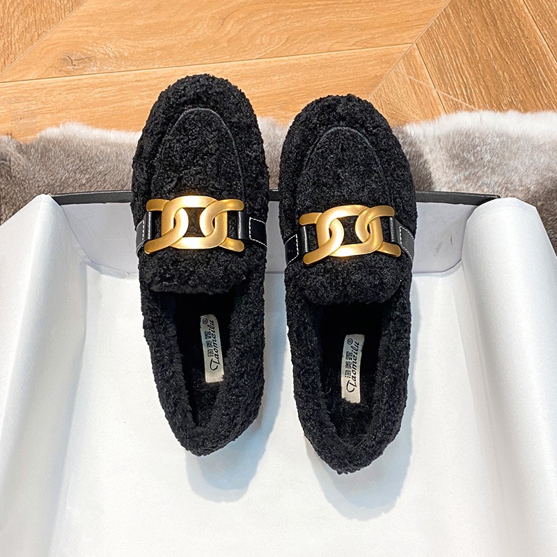 2023 Flats Brand Chain c72fa Women Wool Fur Winter Cotton Loafers Big Size 34-43 Warm Plush Mocasines Mink Hair Boat Shoes Femme