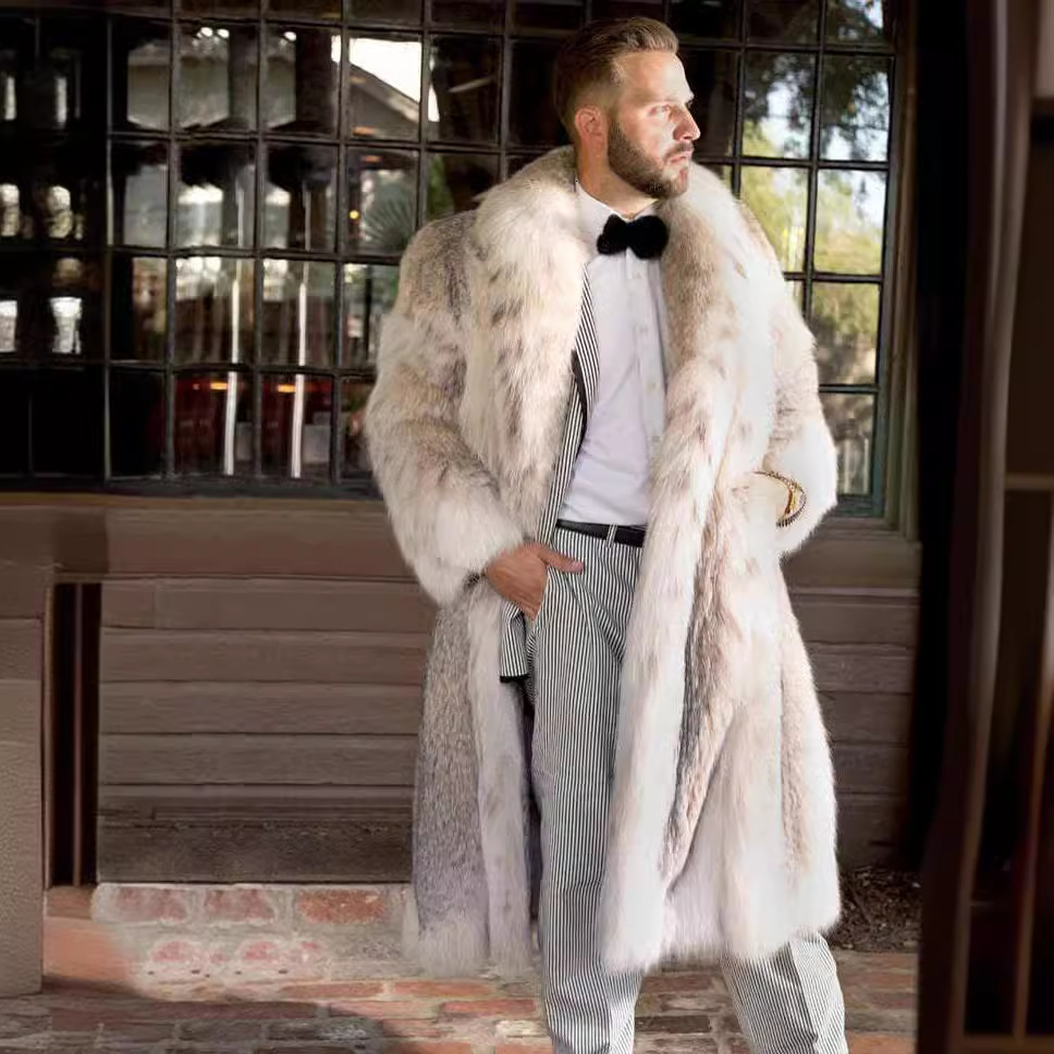 Amazon's best-selling fur coat cross-border long men's fur coat with leopard print and eco-friendly fur imitation fox fur