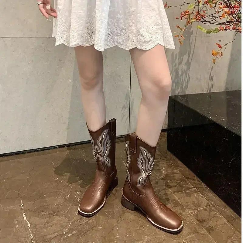 Boots Women Retro Mid Calf Western Cowboy Motorcycle Female Autumn Embroidered Square Toe Chunky Heel Fashion Design Brown