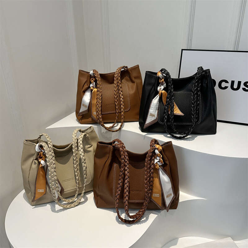 Large capacity solid color western-style silk scarf 2024 new casual women's texture commuting woven strap single shoulder tote bag