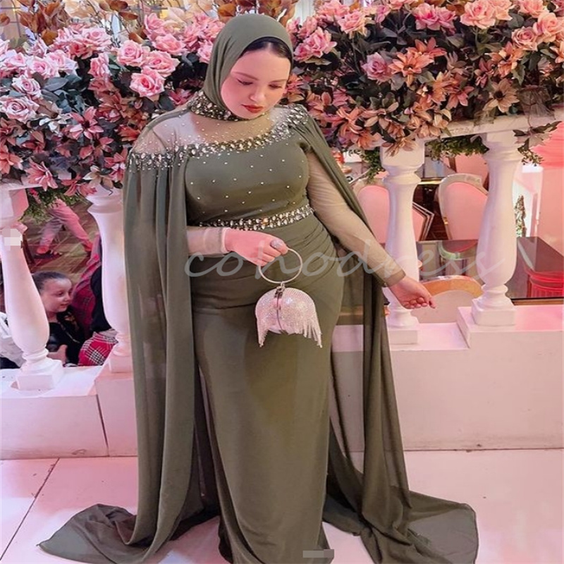 Luxury Olive Green Arabia Evening Dress With Cape High Neck Crystal Mermaid Dubai Abaya Prom Dress Turkey Formal Gown Sepcial Occasion Birthday Dress