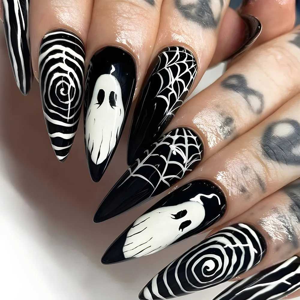 24 pieces of rose rhinestone Halloween skull fake nails fully covered detachable press fit wearable long-lasting fake nailsW241125