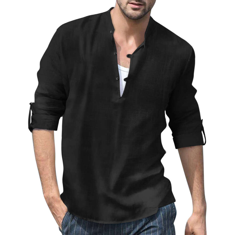 Autumn And Winter Men's En Henry Shirt Collar Long Sleeved Casual Beach B1