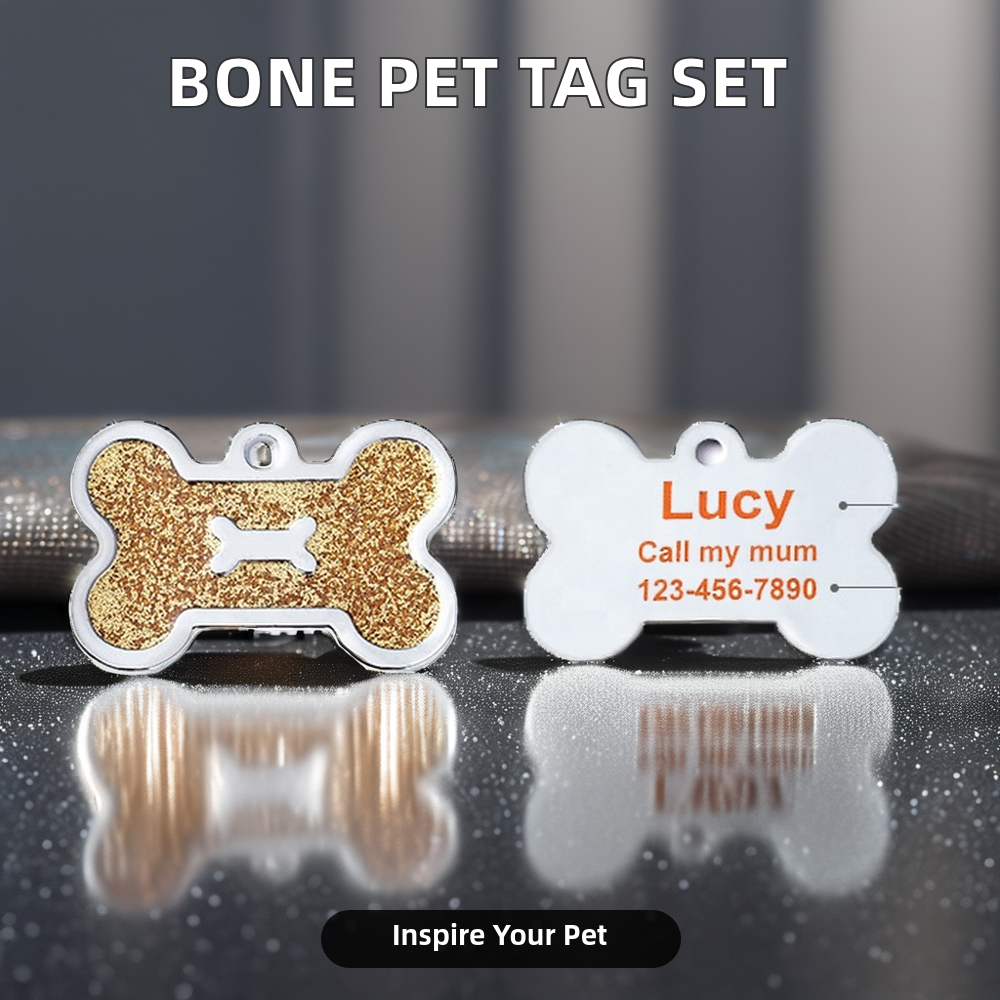 Luxury Multi-Color Glitter Bone Shape Zinc Alloy Pet Tag Loss Proof Lettering Solid Dog Brand Bone Tag Pet Collar Accessories