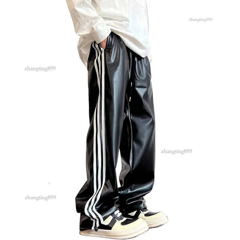 Side Stripe Leather Pant Men Women Streetwear Fashion Loose Casual Hip Hop Vintage Straight PU Leather Pants Cargo Trousers 240807