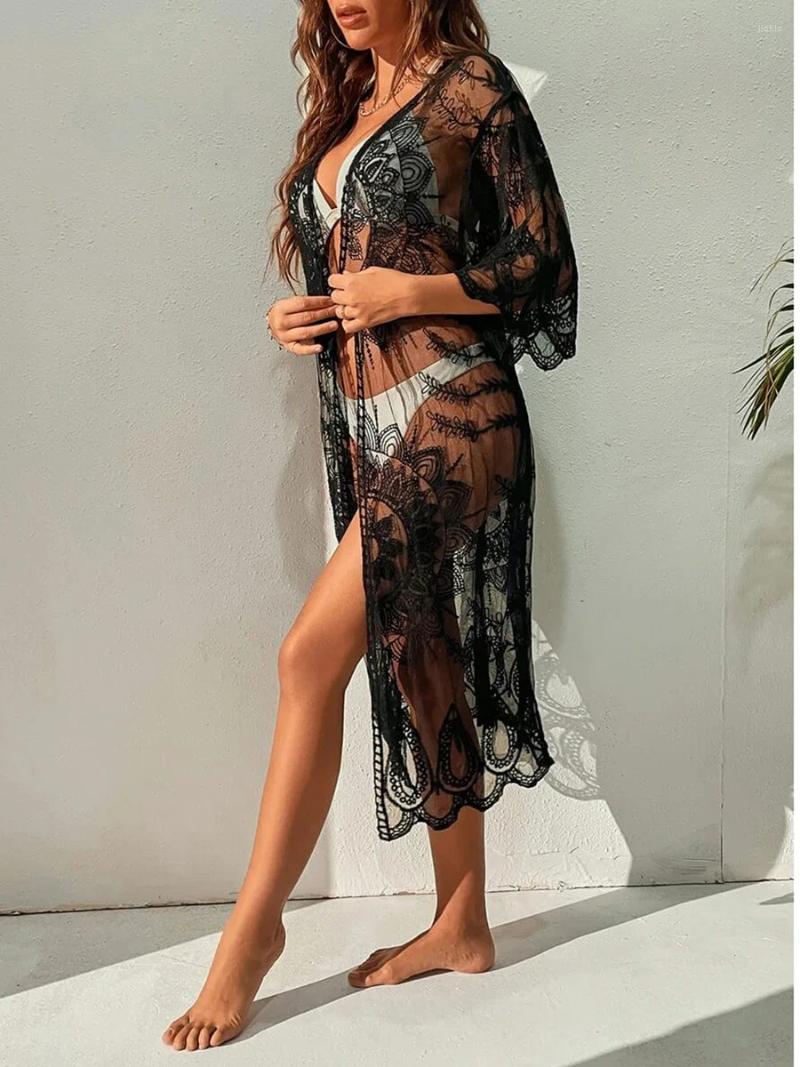 Women Lace Cardigan Bikini Cover-Ups Floral Crochet Sheer Beach Long Open Front Kimono Swimwear Sunscreen Clothes