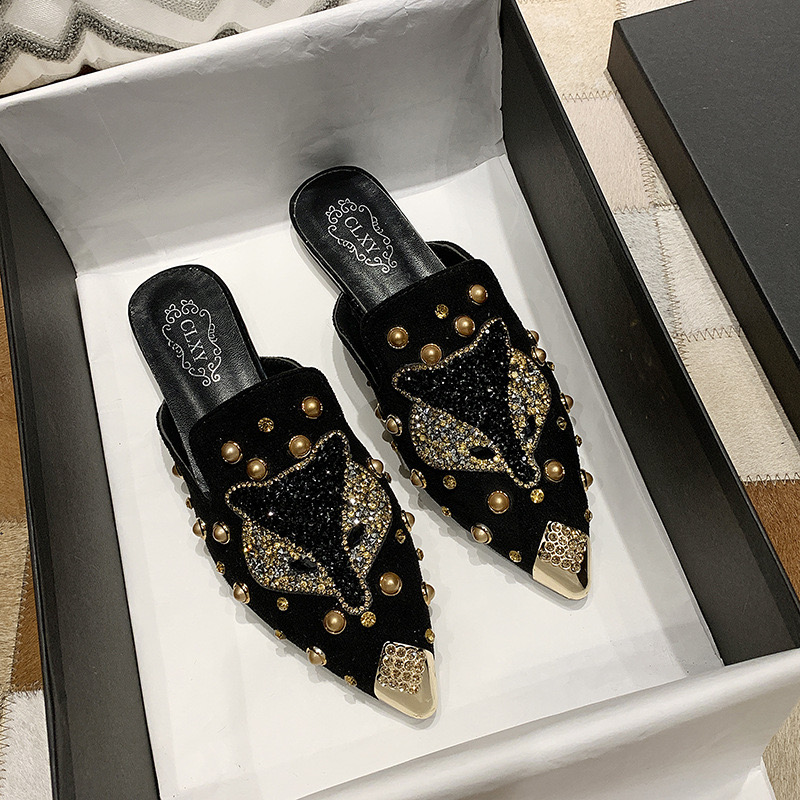 Pointed Toe Slippers for Women Rivets Studded Summer Gladiator Sandals Flat Beach Shoes Ladies Outside Slides Punk Style Mules 240702