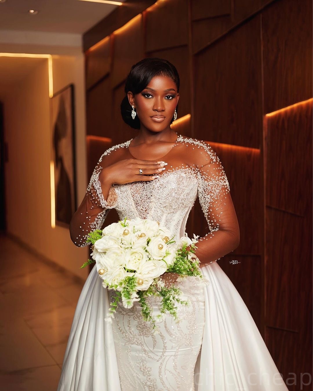 2025 Arabic Aso Ebi Plus Size Ivory Mermaid Wedding Dresses Beaded Full Sleeves Detachable Train Sequined Lace Vintage Bridal Gowns Dress ZJ202