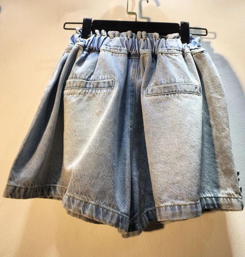 Women's Jeans Rhinestone Denim Shorts Woman Summer Wear Heavy Industry Tassel Bead Dia-Embedded High Waist Wide-Leg Jean Free shippin