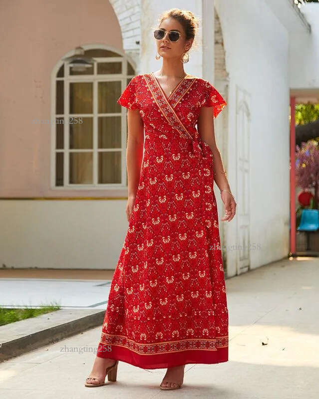 Sexy V-neck Split Floral Maxi Dress Boho Casual Long Chiffon Summer Beach Dress Women Beauty Vestidos