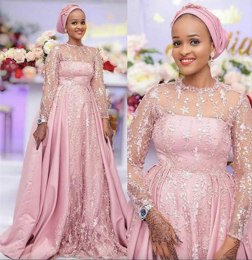 Pink Wedding Dubai Dresses Bridal Gown Long Sleeves Lace Applique Beaded with Overskirt Satin Jewel Neck Custom Made Vestidos De Novia