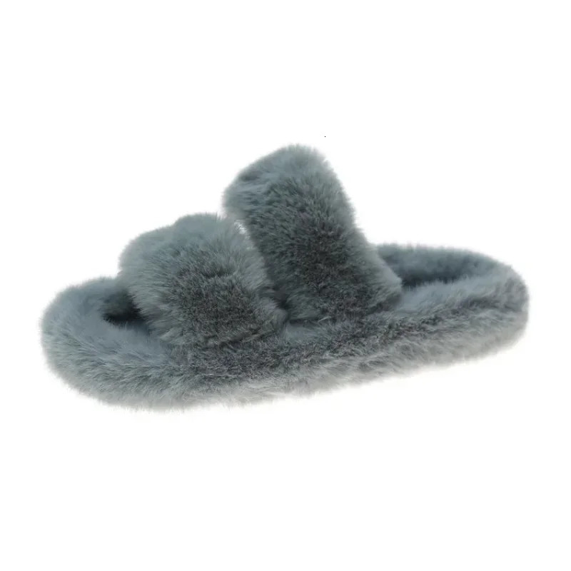 Fashion One Word Thick Fur Slippers Double Fur Slippers Casual Home Cotton Shoes for Women Flat Plush Cross Straps Slippers2024 241125