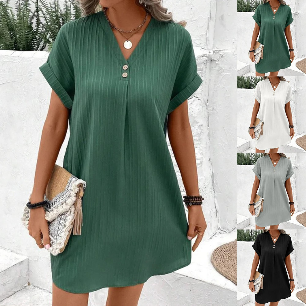 Womens Loose TShirt Dress Ladies V Neck Short Sleeve Beach Baggy Solid Sundress Plus Size Clothing 2024 240418