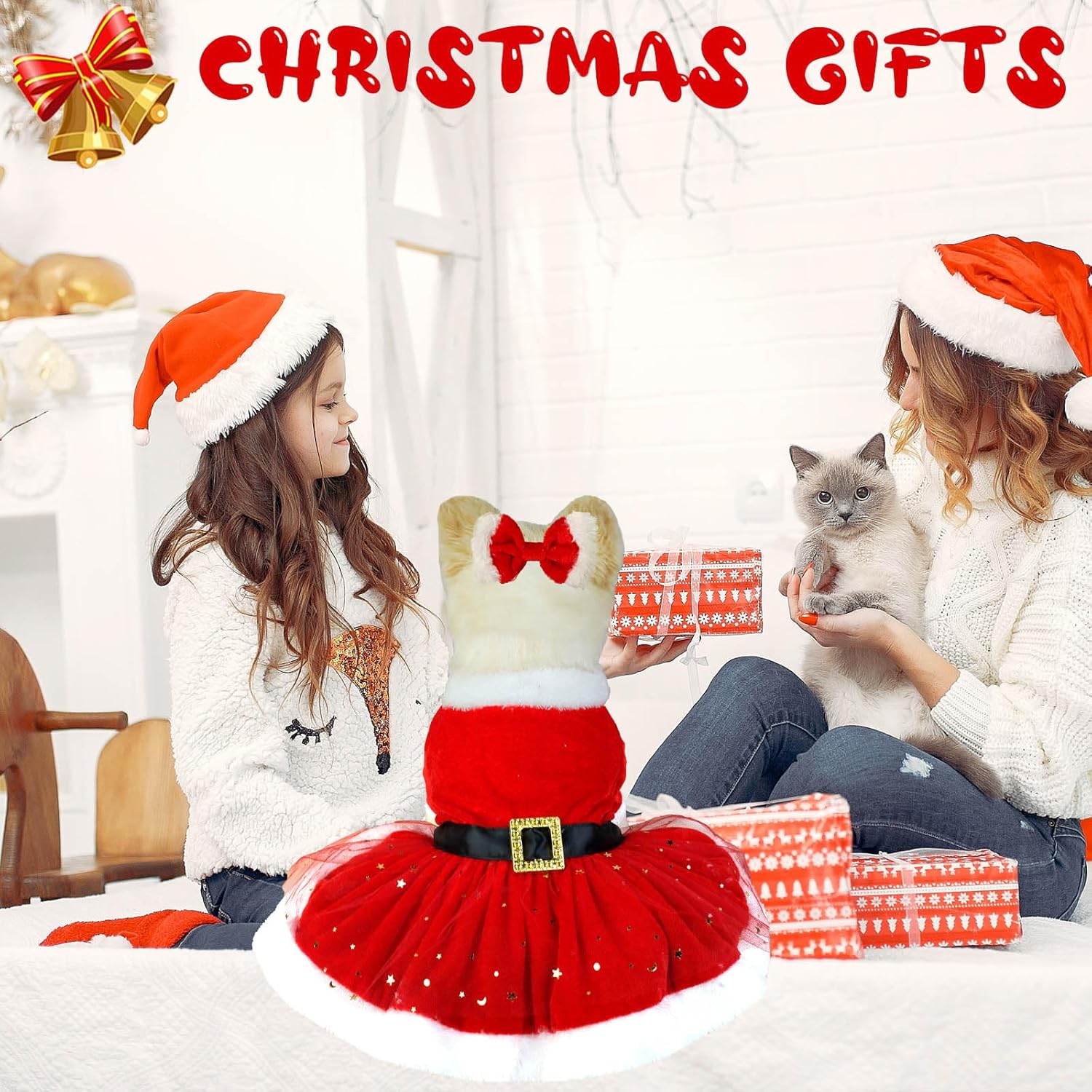 Christmas Dog Dress, Pet Christmas Costume Puppy Tulle Dress, Red Velvet Dog Skirt Santa Claus Outfit Xmas Clothing Winter Coat Cute Apparel