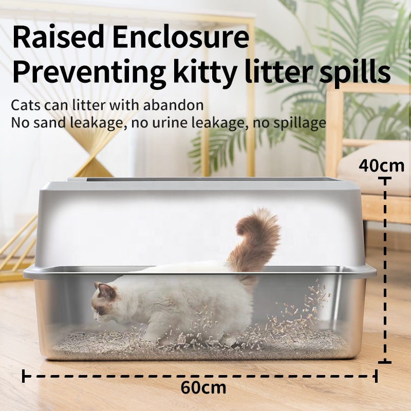 Oversized XL Large Stainless Steel Cat Litter Box Gray Non-Sticky Easy Clean Anti-Urine Leakage Lid High-Side Cats Accessories