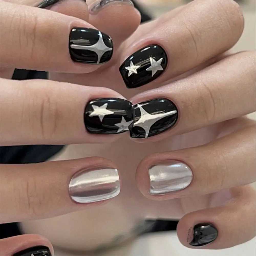 24 pieces of black short circular fake nails with Y2K silver star design French fake nails with full cover detachable nail tip press nailW241125