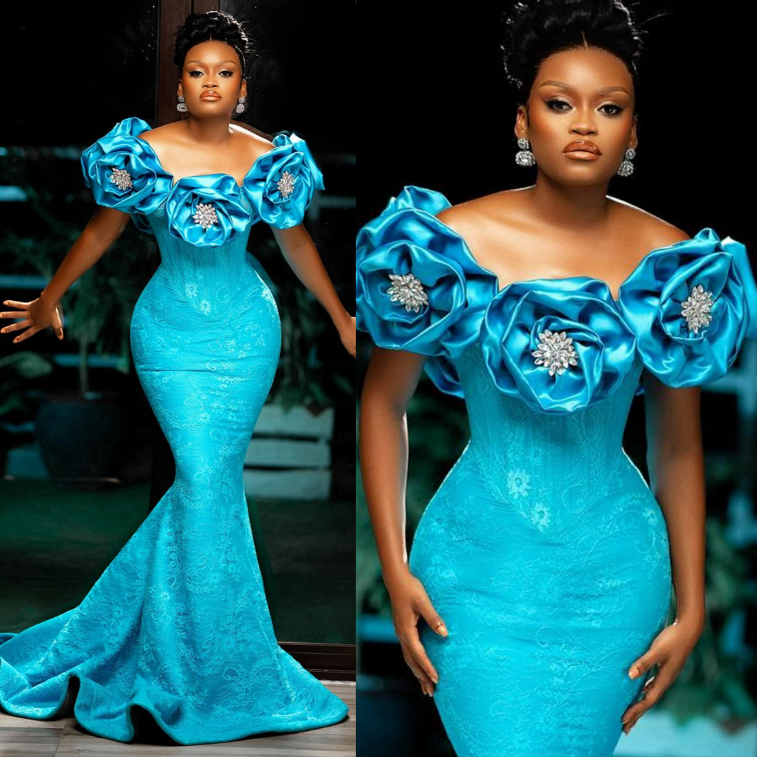 2024 Plus Size Prom Dresses for Black Women Promdress Off Shoulder Fulllace Hand Made Flowers Rhinestones Decorated Mermaid Birthday Dress Reception G