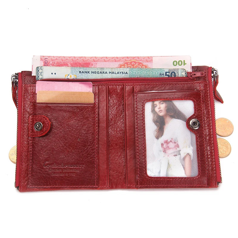 Fashion genuine leather womens wallet double fold wallet red ID card clip coin wallet double zipper small womens wallet 241125
