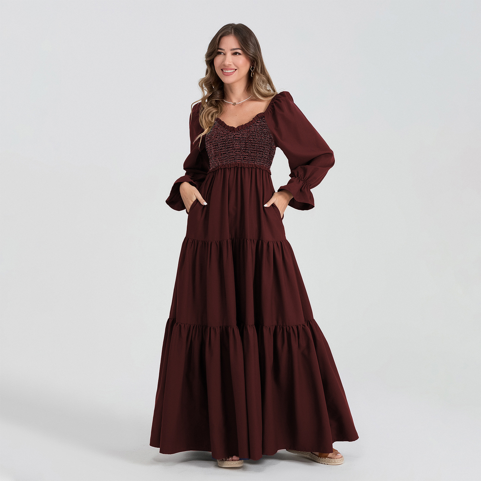 Women's Hot Item Long Sleeved Pleated Layered Black Fungus Edge Big Swing Dress