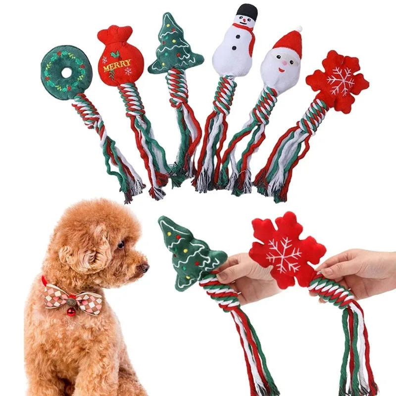 Christmas Dog Squeakey Chew Toys Cotton Ropes Knot Molar Bite Toy Funny Cute Puppies Cat Interactive Toy Xmas Gift Pets Supplies 241125
