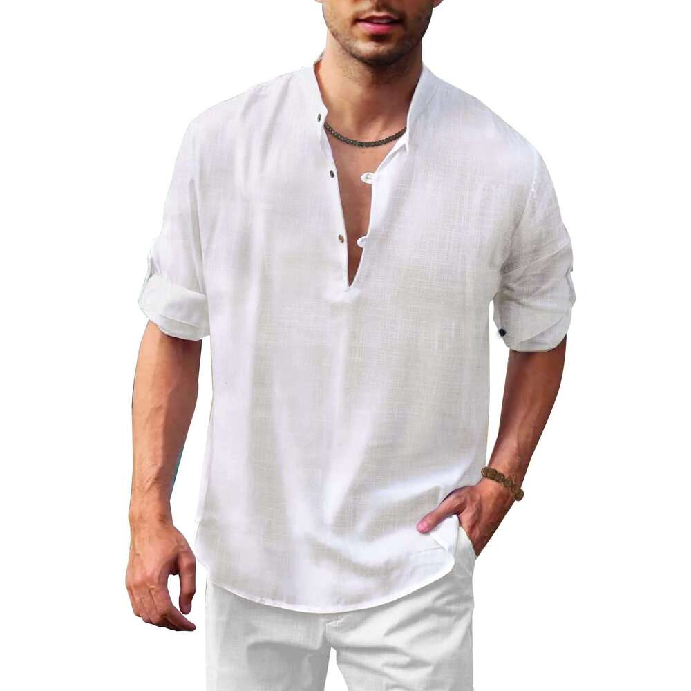 Autumn And Winter Men's En Henry Shirt Collar Long Sleeved Casual Beach B1