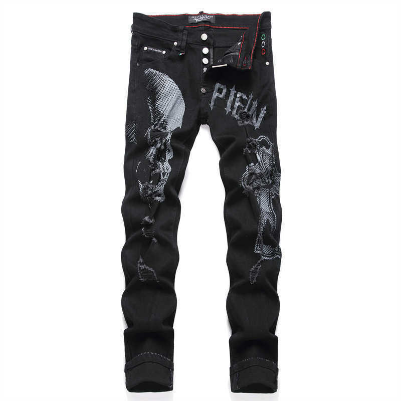 Men's pants Punk print print black ripped men's slim stretch jeans with small feet trend J241125