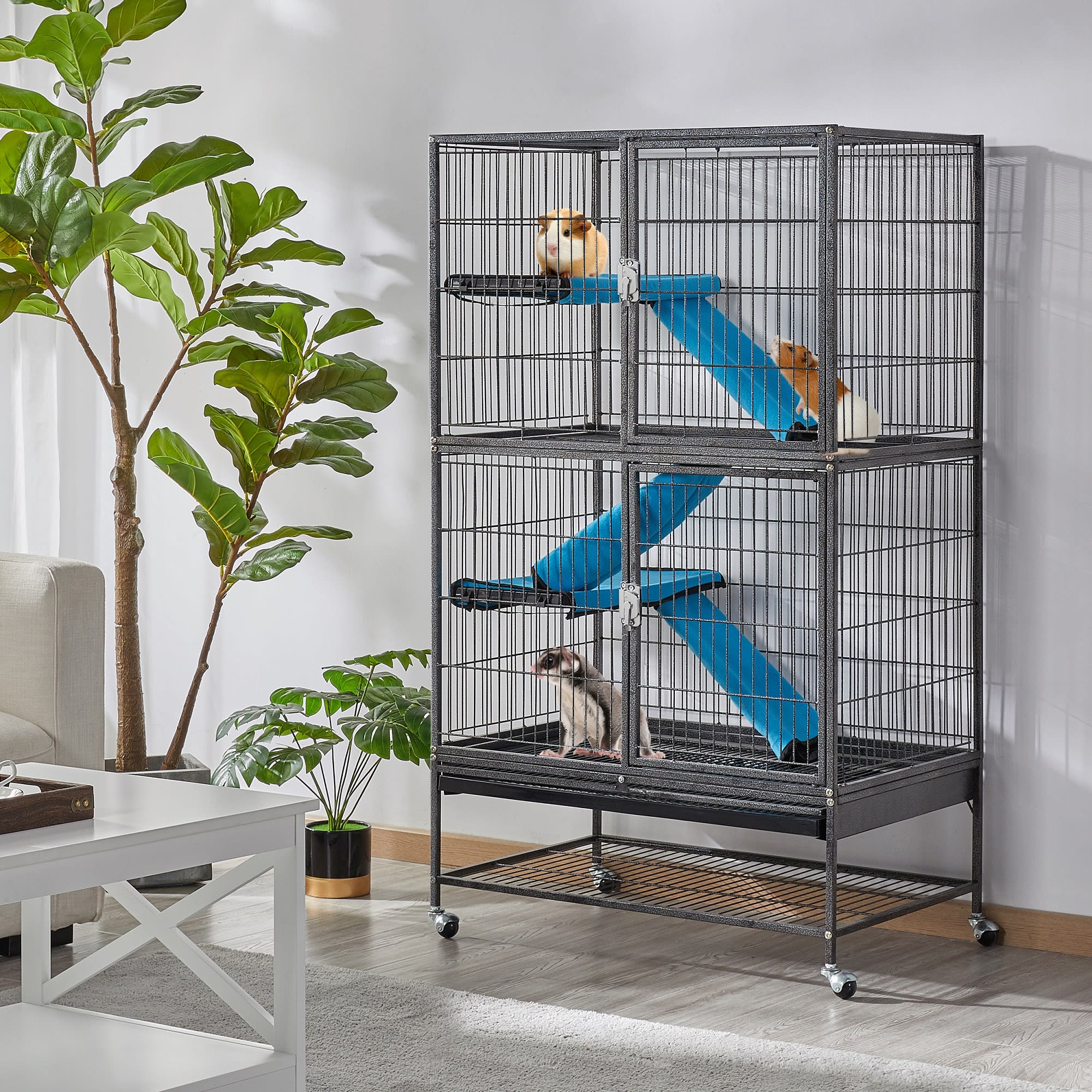 Topeakmart Hammered Black Rolling Metal Small Animal Cage with Removable Ramp, 31" L X 20" W X 54" H