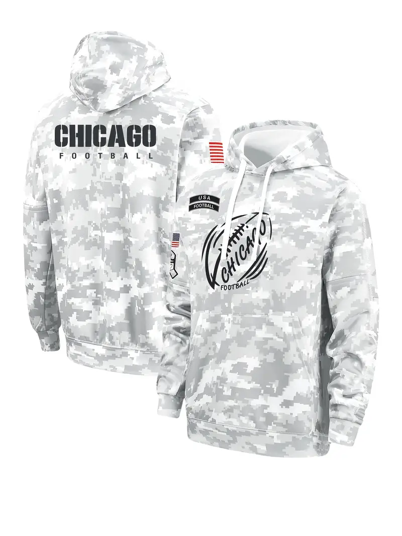Camouflage Football Hooded Sweatshirt - 100% Polyester, Casual Style, Hooded Collar, Slight Stretch Fabric, Alphabet Pattern, Long Regular Sleeve, Fal