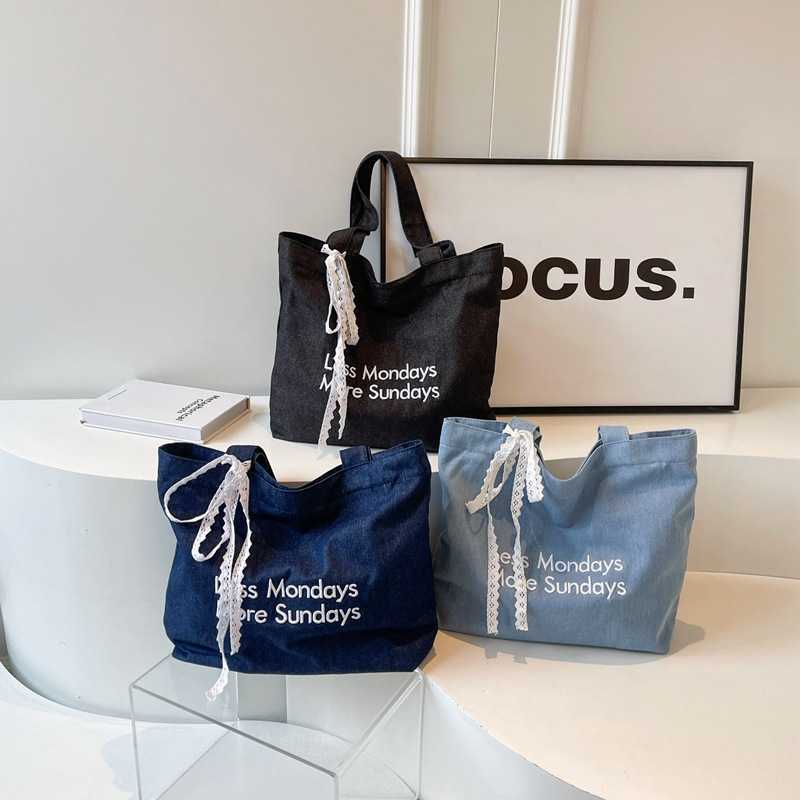 Washed Denim Bag New Embroidered Letters Tote Bag Trendy Large Capacity Shopping Handbags Korean Female Shoulder Bags 241125