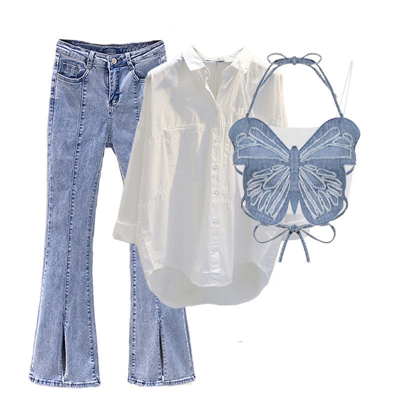 Womens Two Piece Pants Summer Wide Free Casual Leg Trousers White Shirt Wave Bra Vest Three Elegant Set Tracksuit 230317