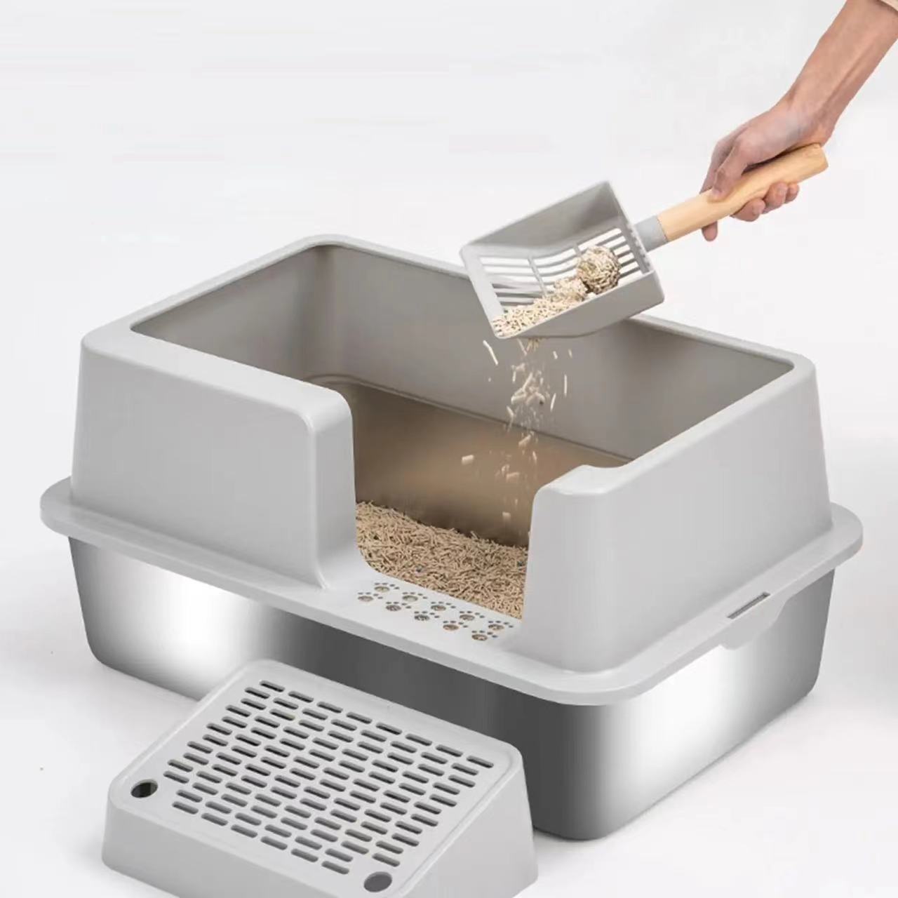Luxury Stainless Steel & Plastic Pet Toilet Sandbox Scoop Semi-Closed High Side Cat Litter Tray Premium Cat Litter Box Accessory