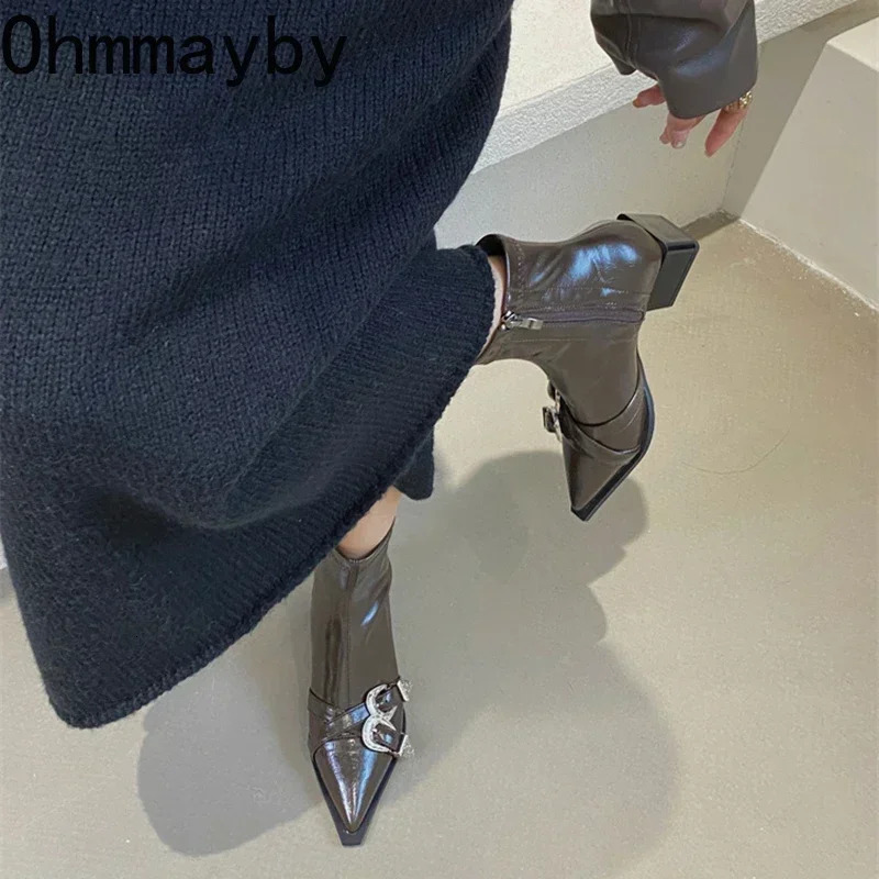 Pointed Toe Women Ankle Boots Fashion Thick Heel Slimming Short BooTies Autumn Winter Female Shoes 241125