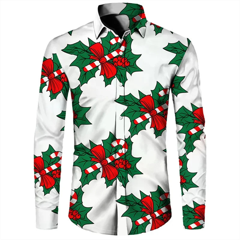 Mens Christmas long sleeved shirt with lapel buttons autumn style Christmas 3D printed mens casual party holiday top 241125