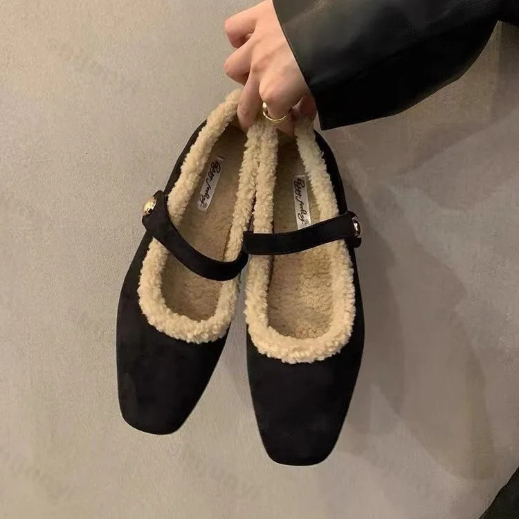 Square Toe Cosy Lambs Wool Ballet Flats Woman Warm Teddy Fur Mary Jane Shoes Ladies Leopard Elegant Fluffy Plush Loafers 241125