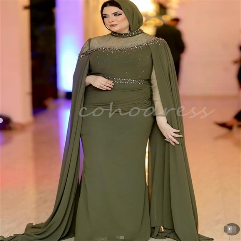 Luxury Olive Green Arabia Evening Dress With Cape High Neck Crystal Mermaid Dubai Abaya Prom Dress Turkey Formal Gown Sepcial Occasion Birthday Dress